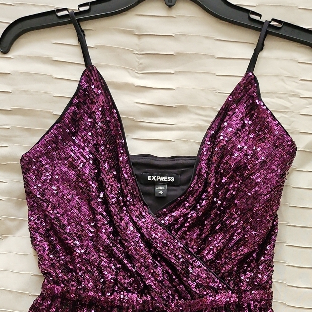 Express Purple Sequin Jumpsuit with Spaghetti Straps